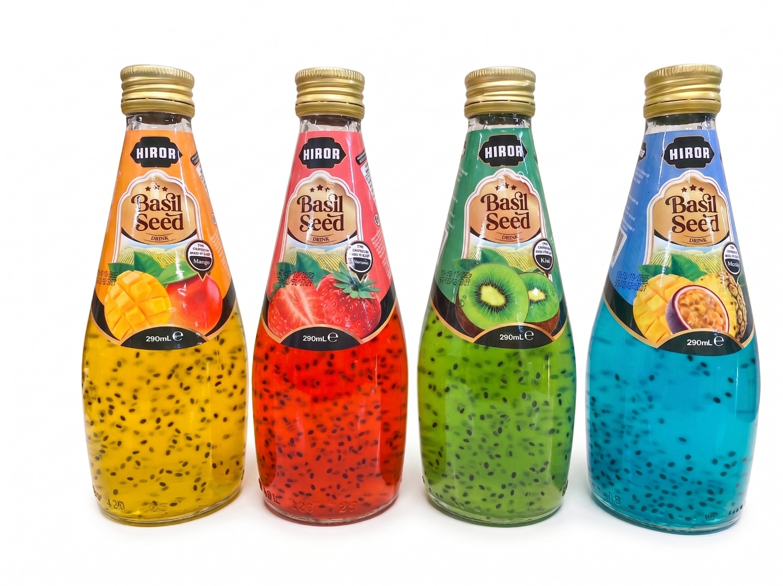 Neljä Hiror Basil Seed -juomaa eri mauissa
