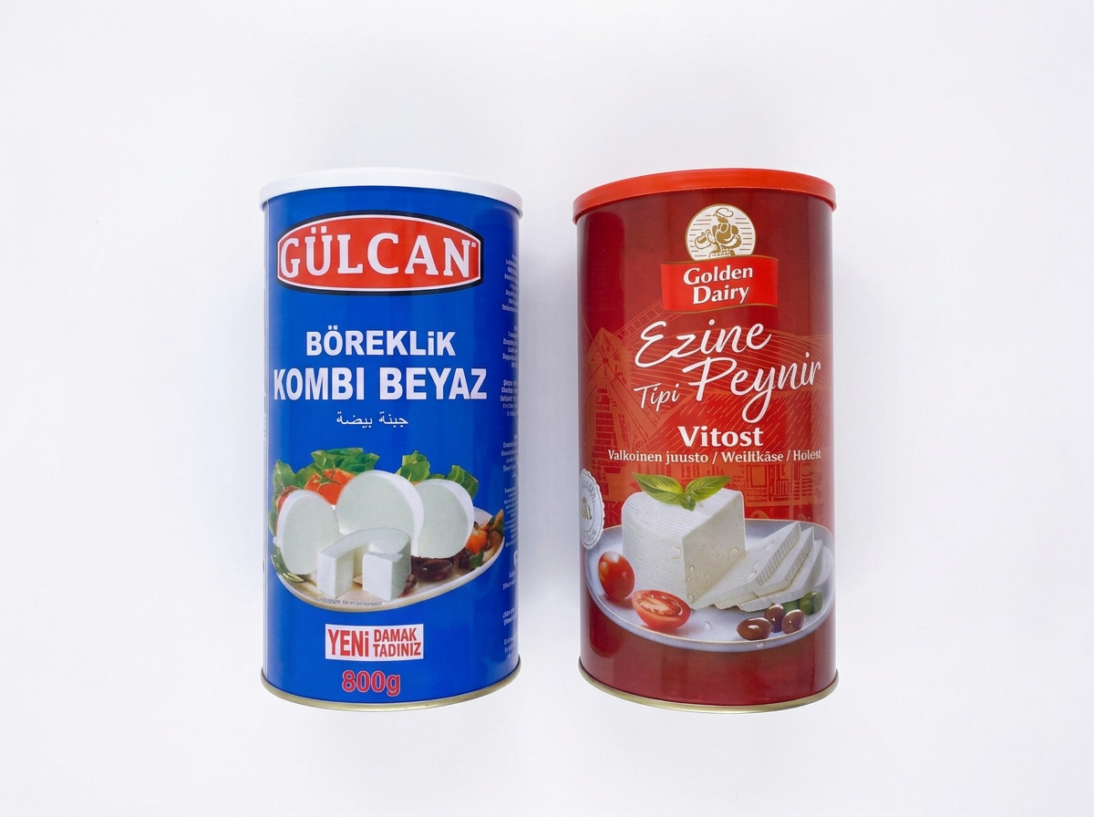 Kaksi valkojuustotölkkiä: Gülcan Böreklik Kombi Beyaz ja Golden Dairy Ezine Tipi Peynir